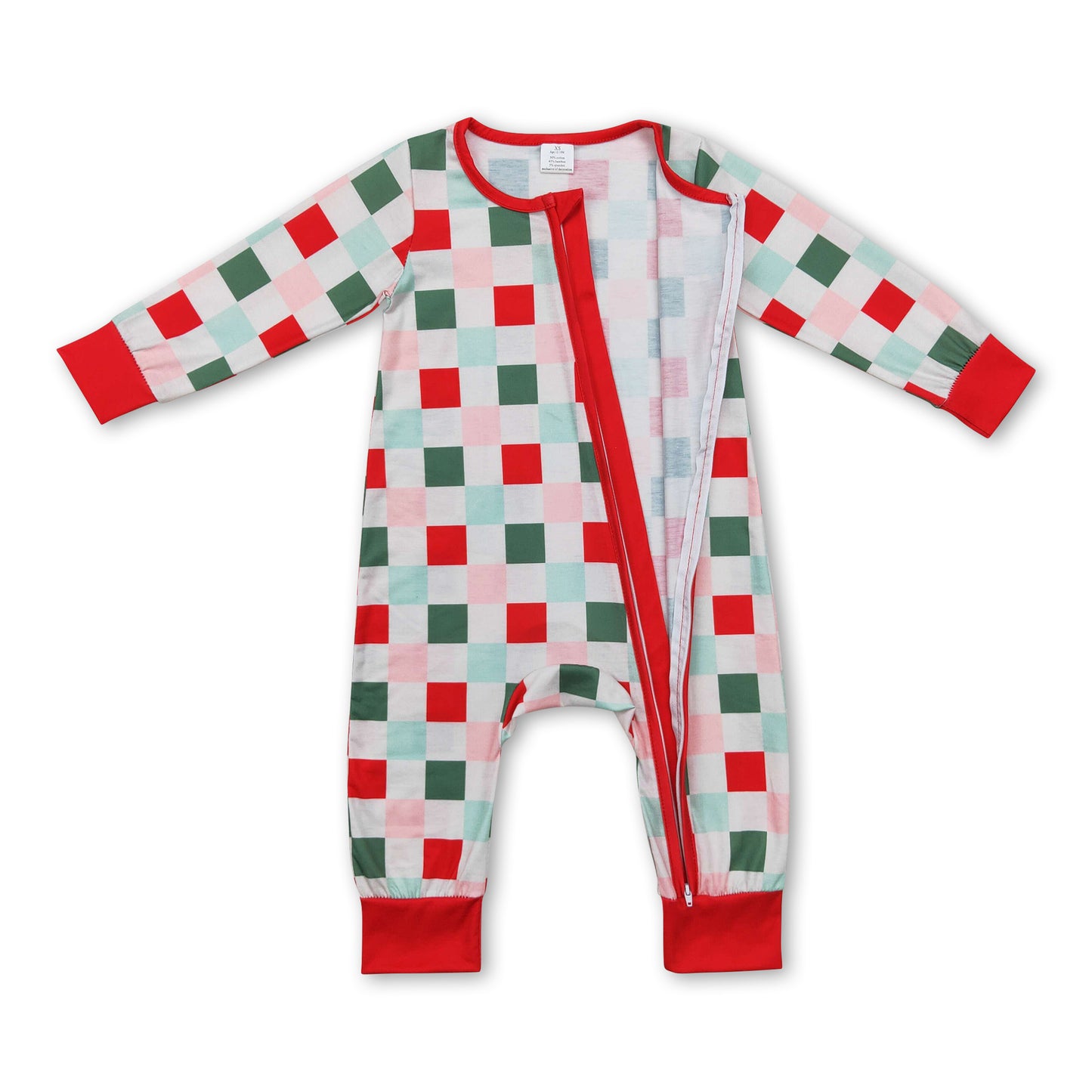 Red green plaid baby kids Christmas zipper romper