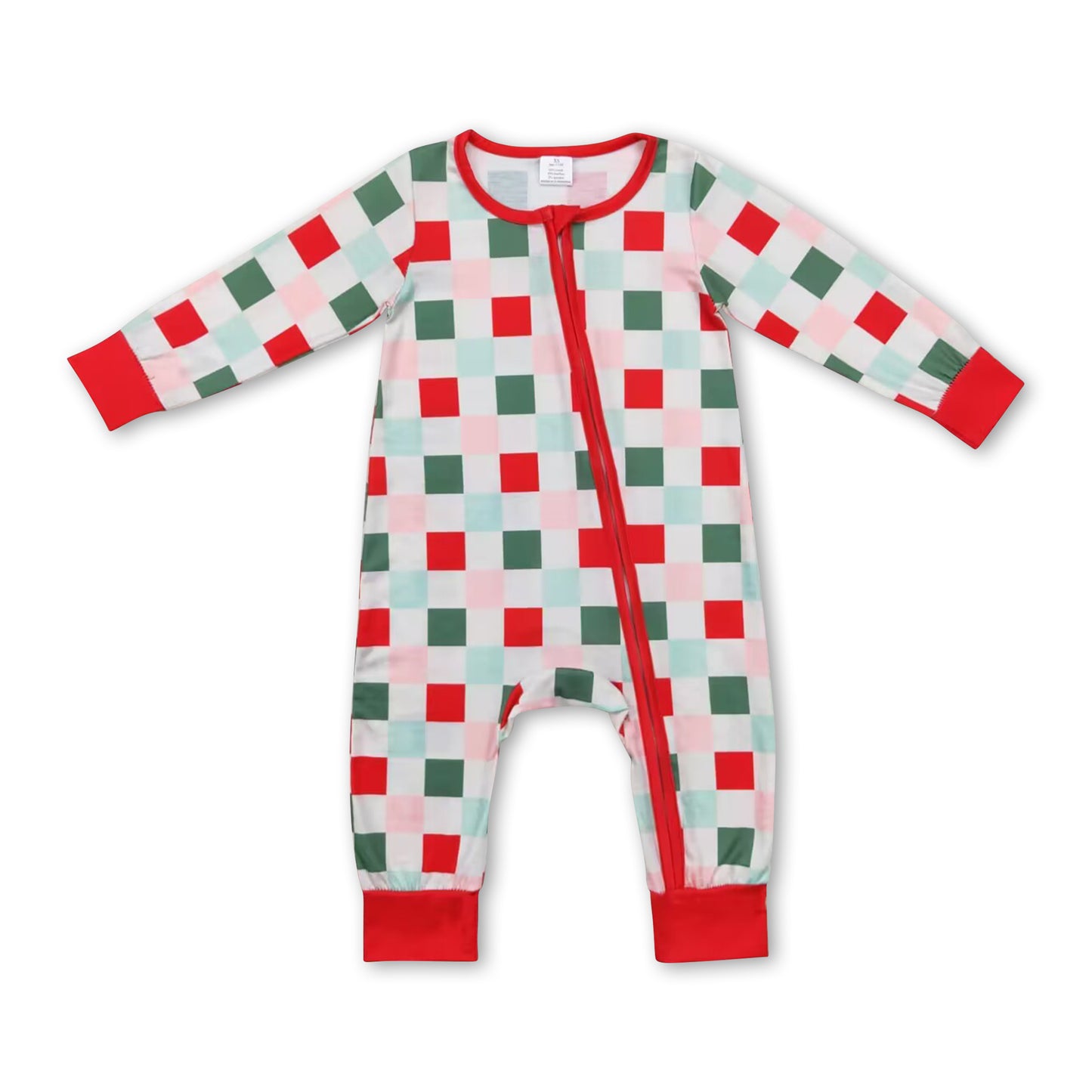 Red green plaid baby kids Christmas zipper romper