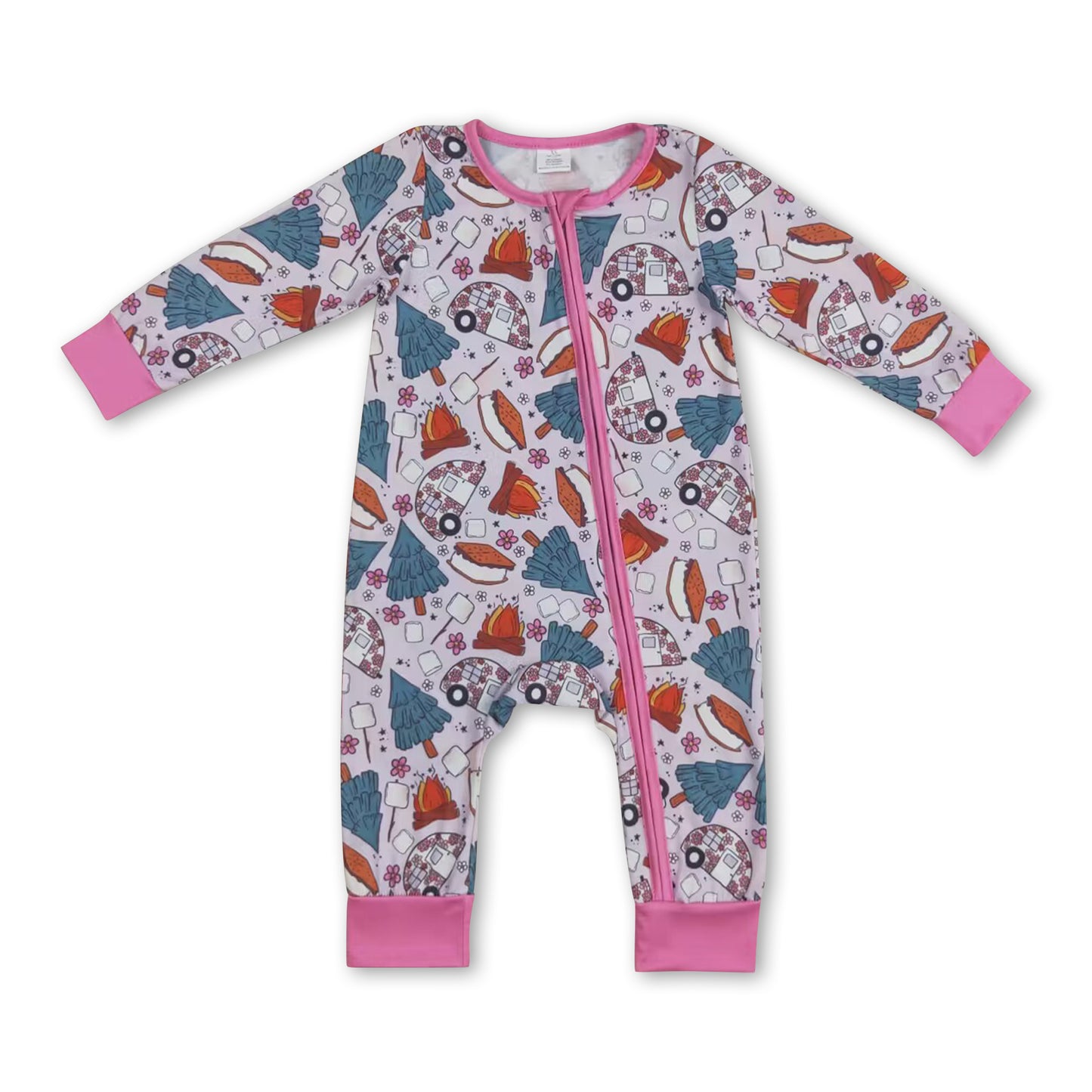 Floral camping long sleeves cookie baby girls zipper romper