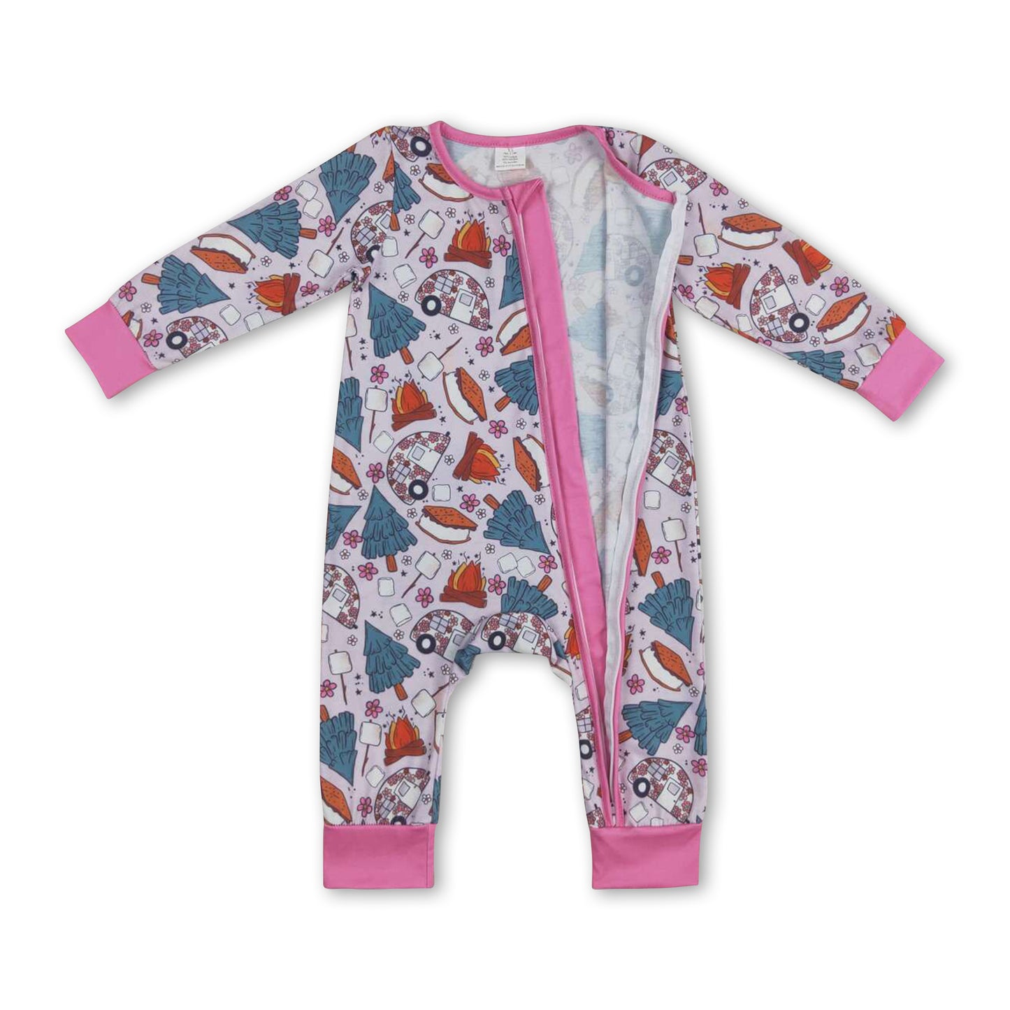 Floral camping long sleeves cookie baby girls zipper romper