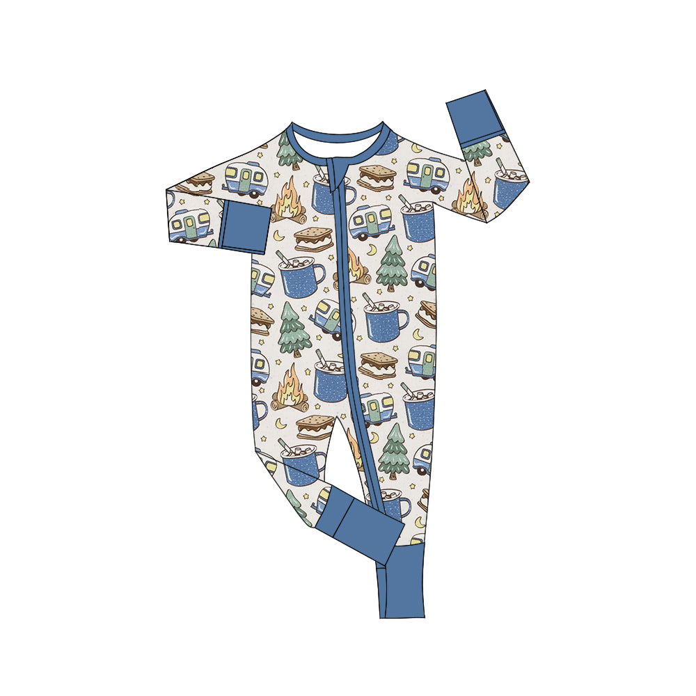 Blue Christmas tree camping cookie baby boy zipper romper