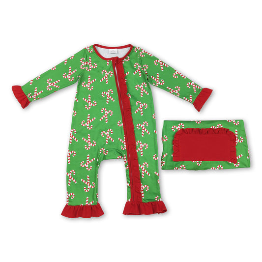 Green candy cane baby girls Christmas zipper romper