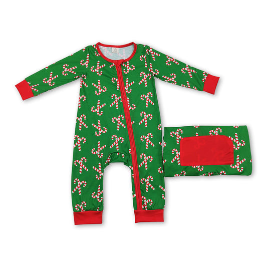 Green candy cane baby boys Christmas zipper romper