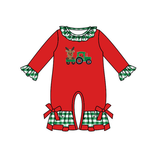 Deer truck plaid ruffle baby girls Christmas romper