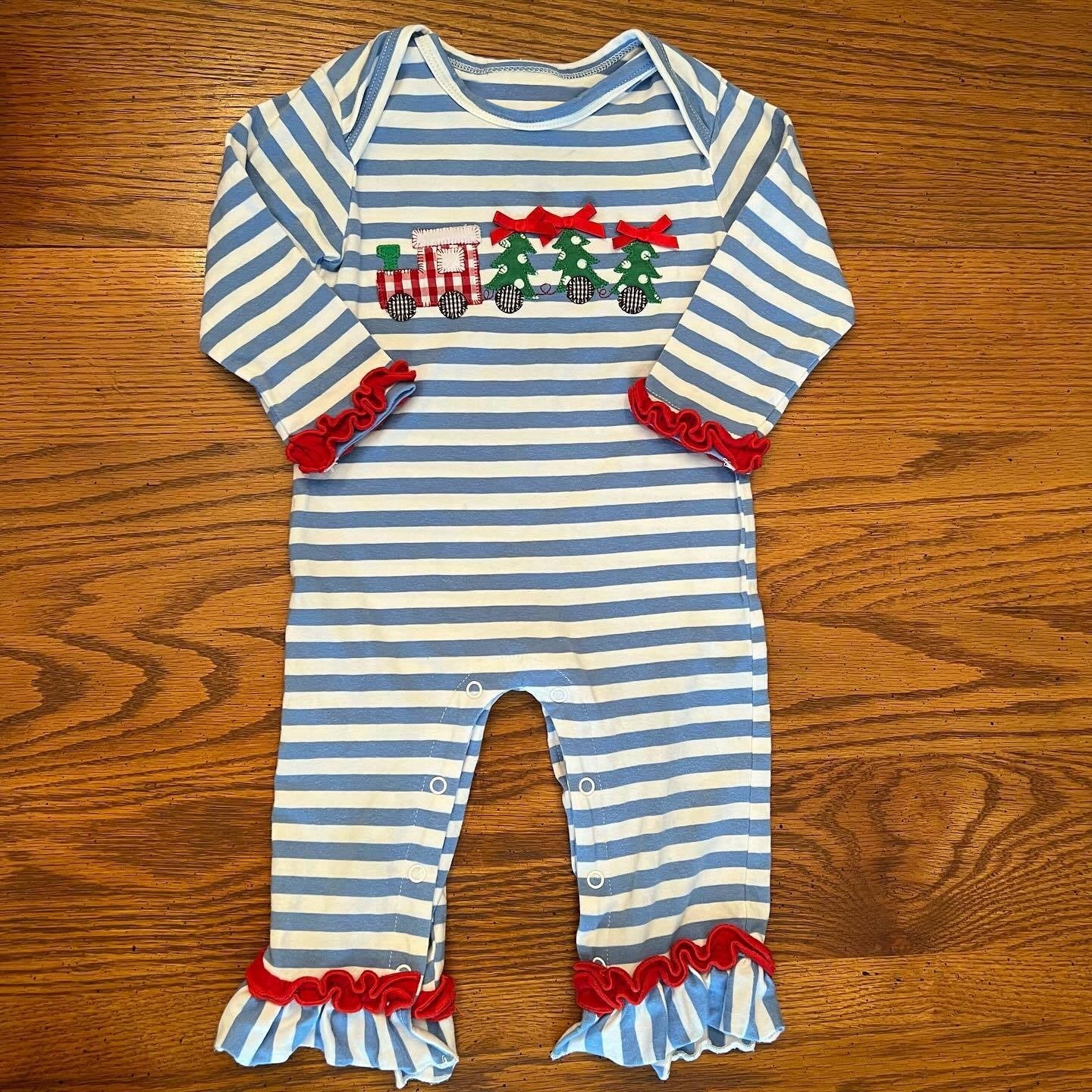 Light blue stripe Christmas tree truck baby romper