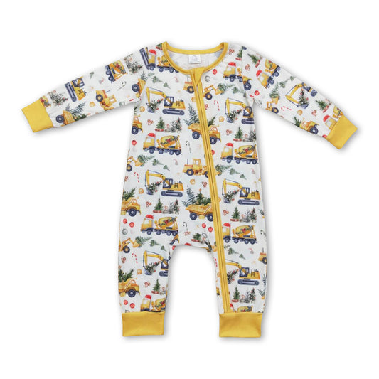 Yellow constructions Christmas tree baby boy zipper romper