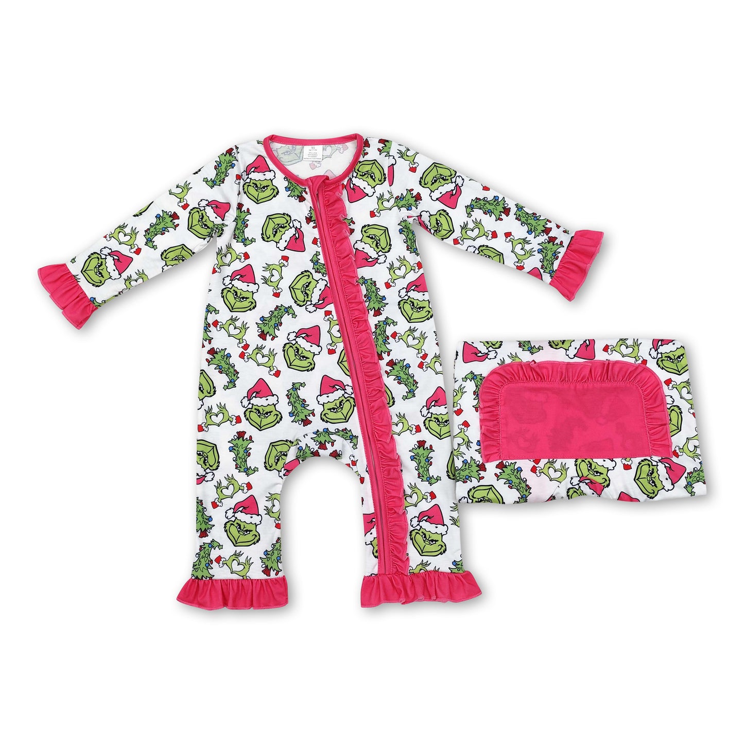 Hot pink green face Christmas tree baby girls zipper romper