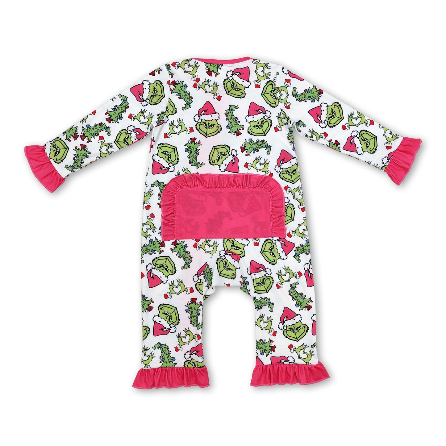 Hot pink green face Christmas tree baby girls zipper romper