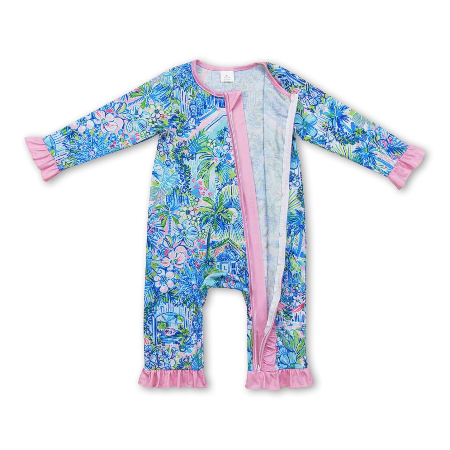 Pink ruffle watercolor blue floral baby girls zipper romper