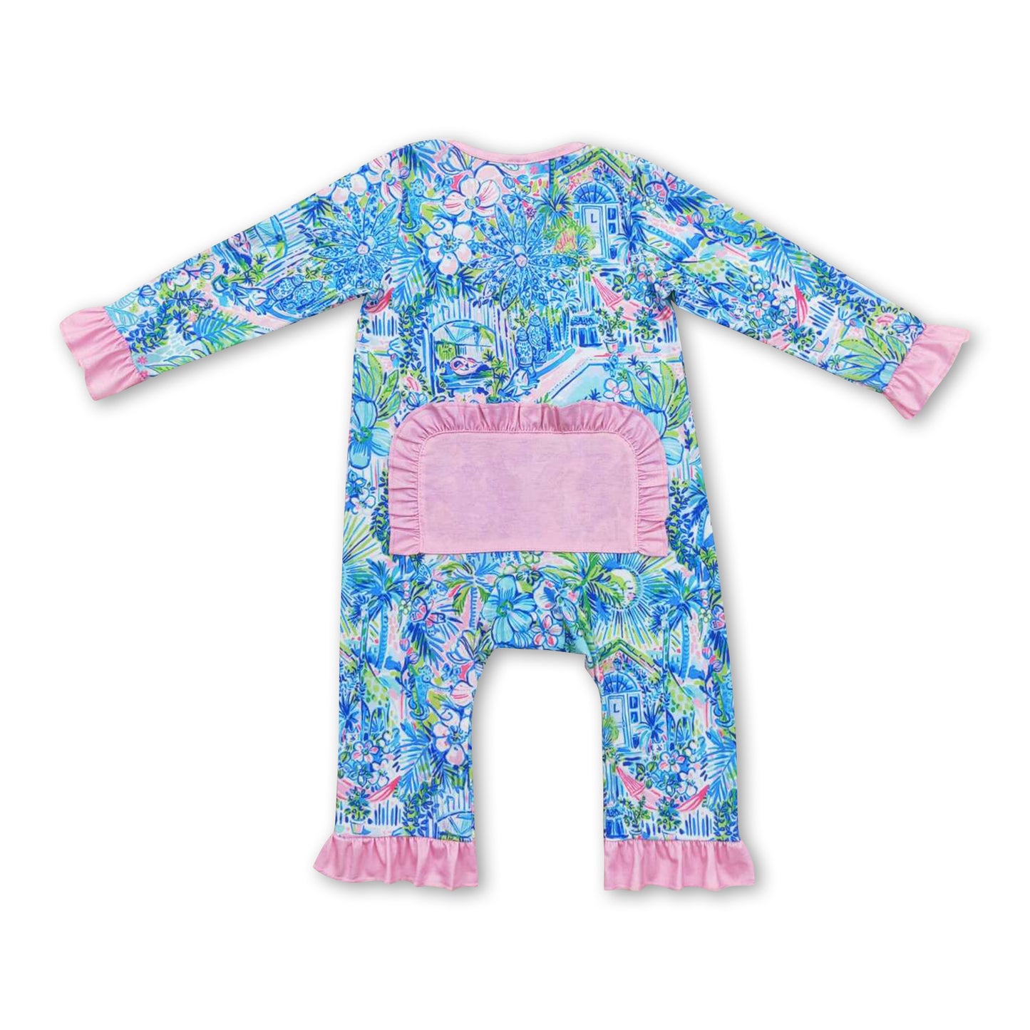 Pink ruffle watercolor blue floral baby girls zipper romper