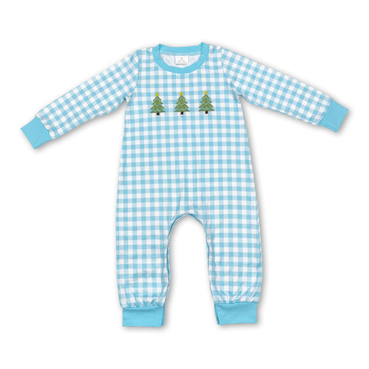 Light blue plaid Christmas tree baby boy romper