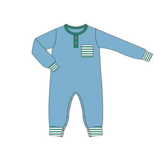 Green stripe pocket long sleeves baby boy romper