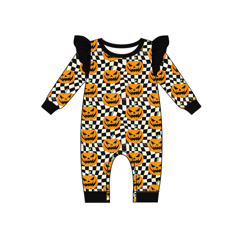 Black long sleeves plaid pumpkin baby girl Halloween romper