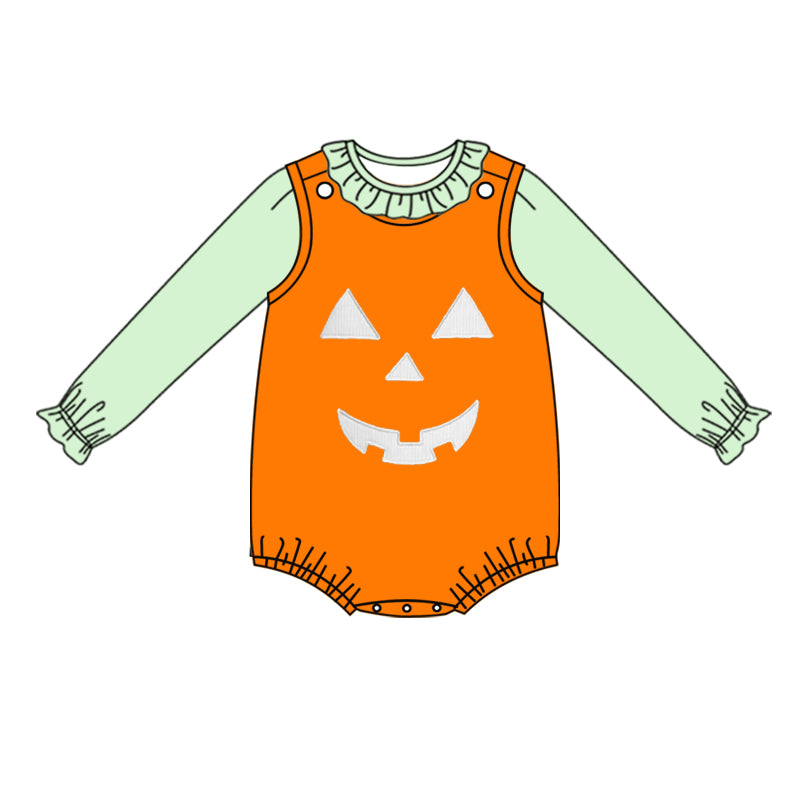 Green top match pumpkin romper baby girls Halloween set