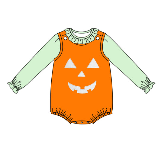 Green top match pumpkin romper baby girls Halloween set