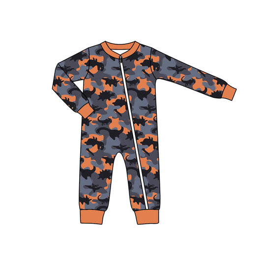 Orange dinosaur camo baby boy zipper romper