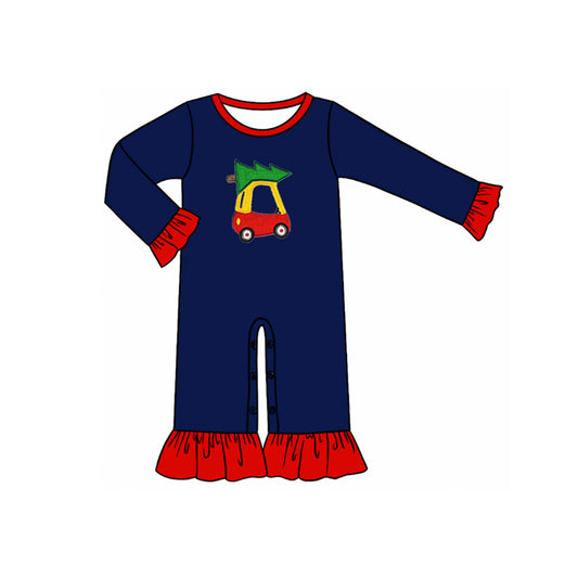 Navy ruffle Christmas tree car baby girls romper