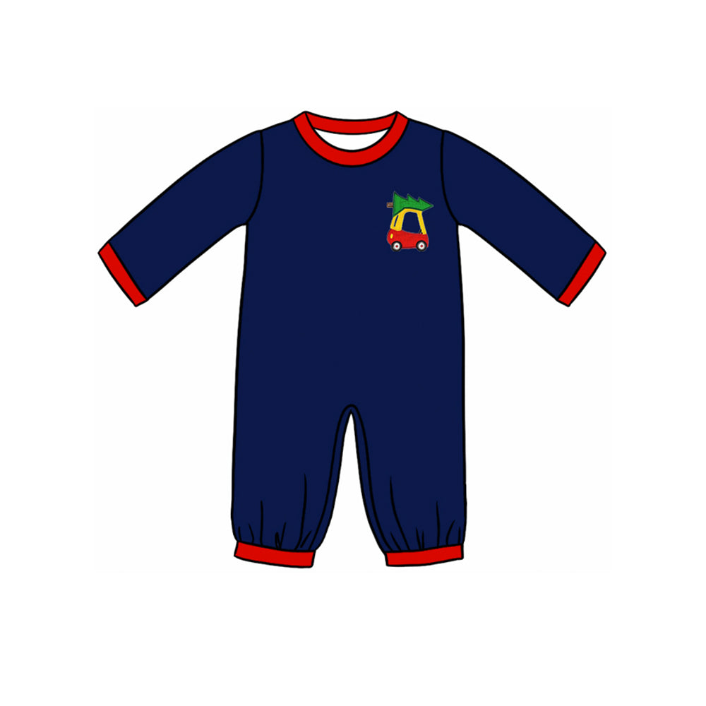 Navy long sleeves Christmas tree car baby boys romper