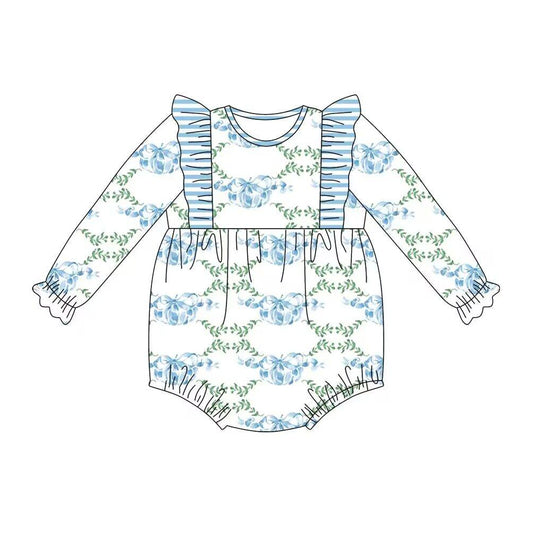 Long sleeves blue stripe pumpkin bow baby girls fall romper