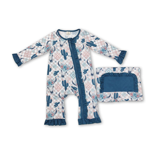 Plaid cactus bull skull floral baby girls zipper romper ship from US