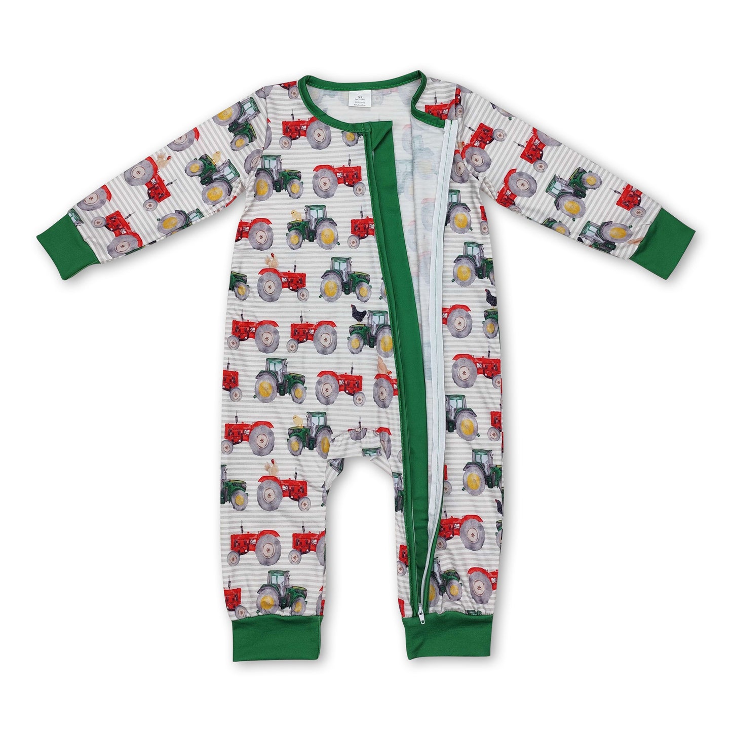 Long sleeves green red tractor baby boy farm zipper romper