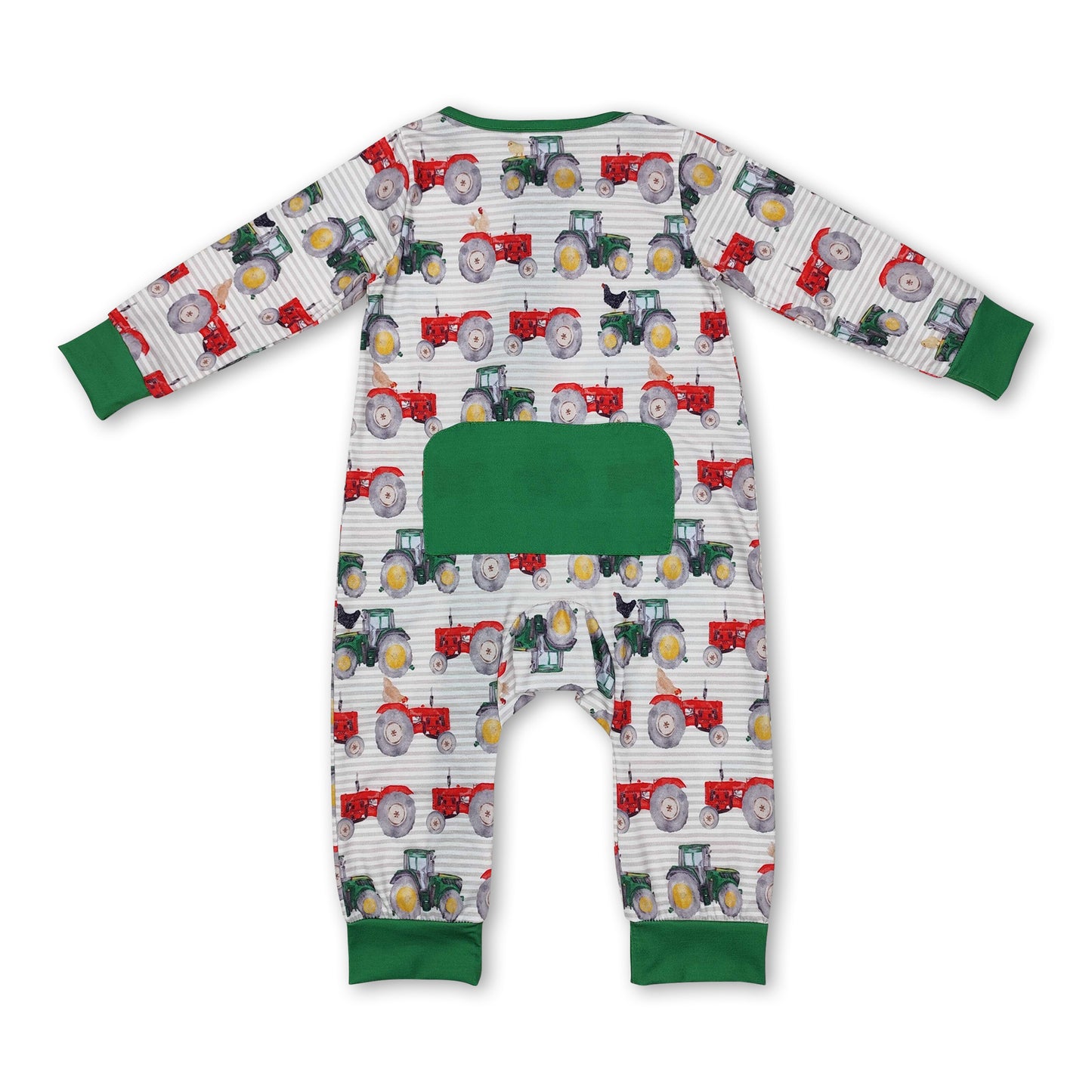 Long sleeves green red tractor baby boy farm zipper romper