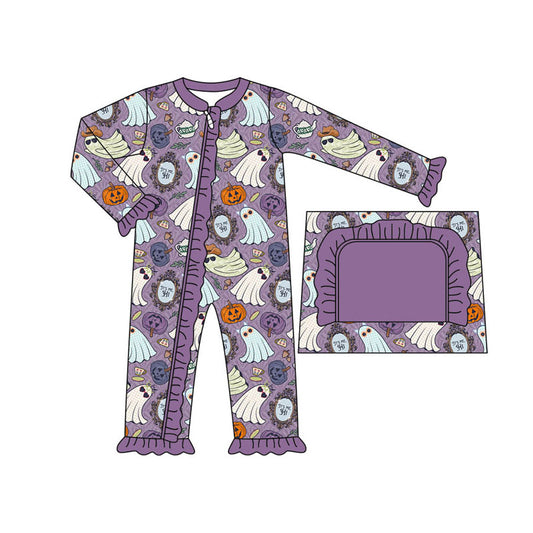 Purple ghost pumpkin girl Halloween zipper romper