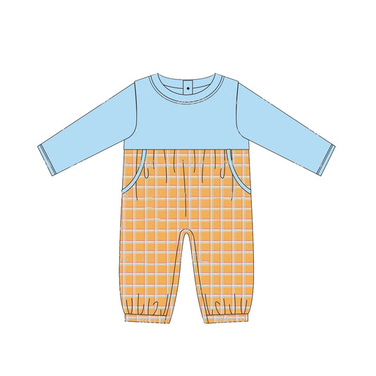 Light blue long sleeves pocket plaid baby boy romper