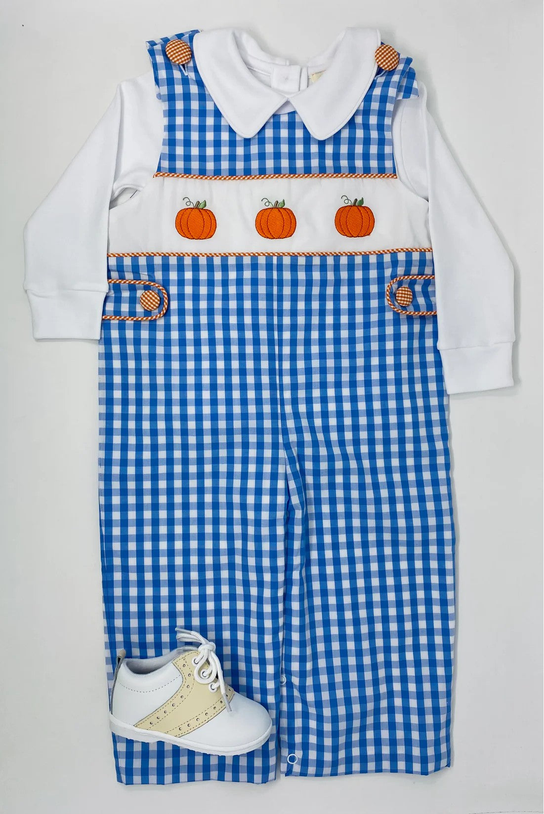 Blue plaid pumpkin romper white shirt boy fall clothes