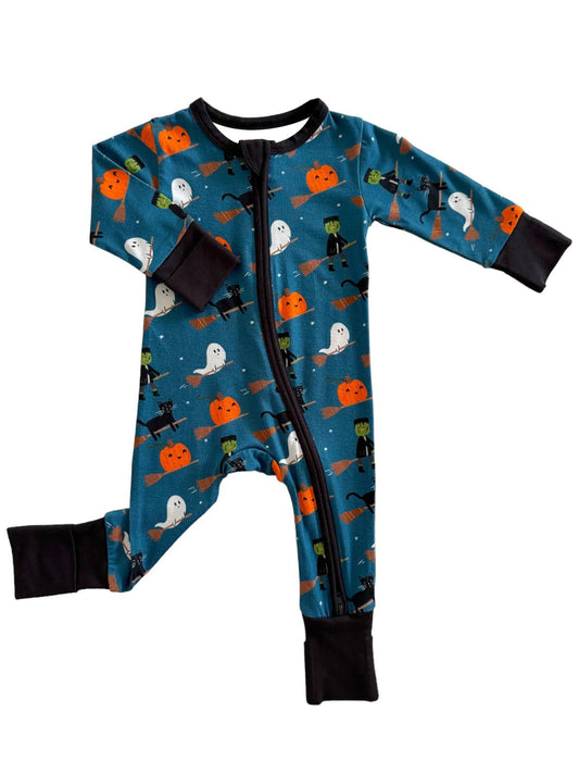 Blue cat ghost cat baby boys Halloween zipper romper