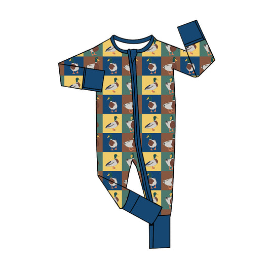 Blue long sleeves duck plaid baby boy zipper romper