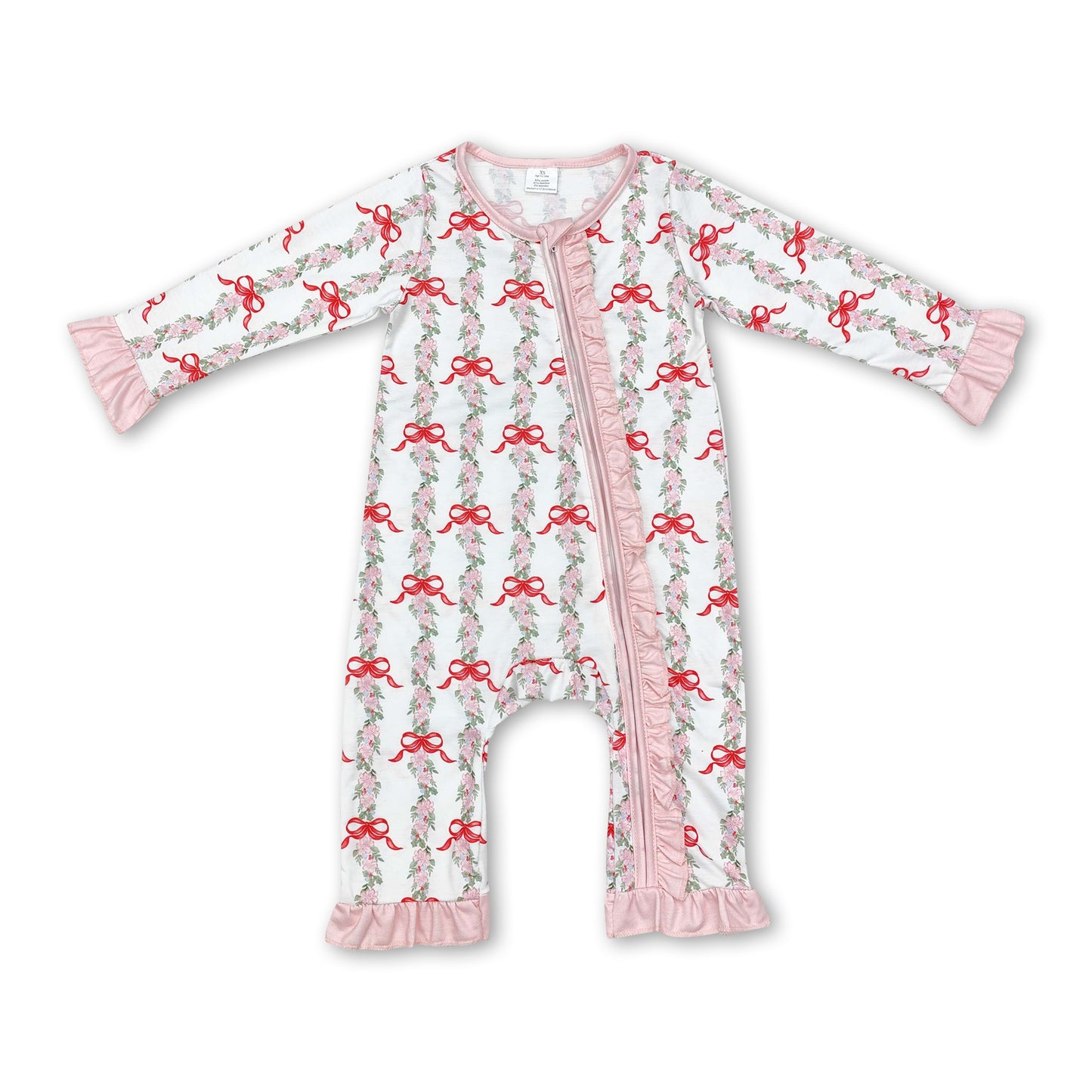 Pink bow floral ruffle baby girls zipper romper