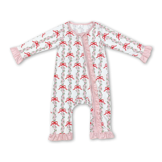 Pink bow floral ruffle baby girls zipper romper