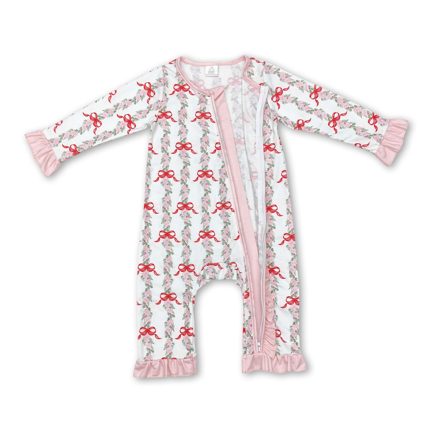 Pink bow floral ruffle baby girls zipper romper