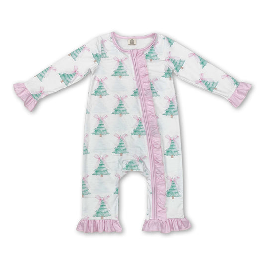 Pink bow Christmas tree baby girls zipper romper