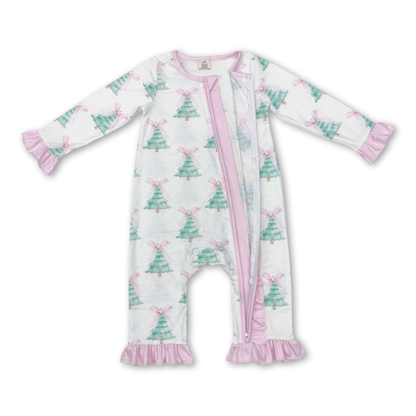 Pink bow Christmas tree baby girls zipper romper