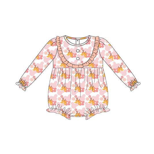 Long sleeves ruffle floral mouse baby girls romper