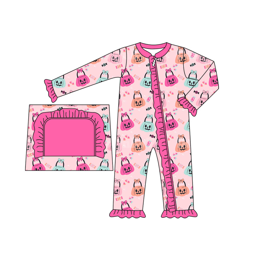 Pink pumpkin basket candy baby girls Halloween zipper romper