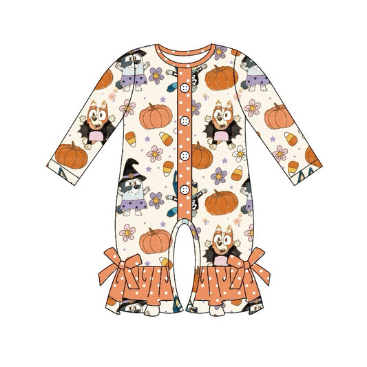 Pumpkin candy corn dog baby girls Halloween romper