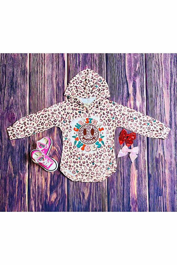 Leopard Christmas vibes smile baby girls hooded romper