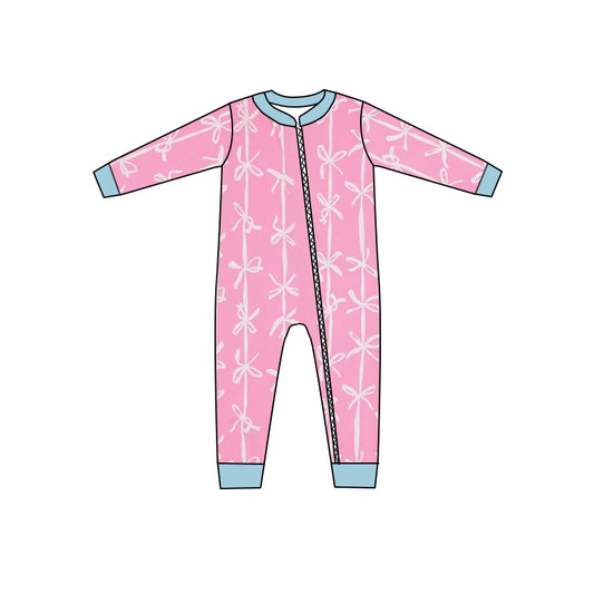 Light blue long sleeves pink bow baby girls zipper romper