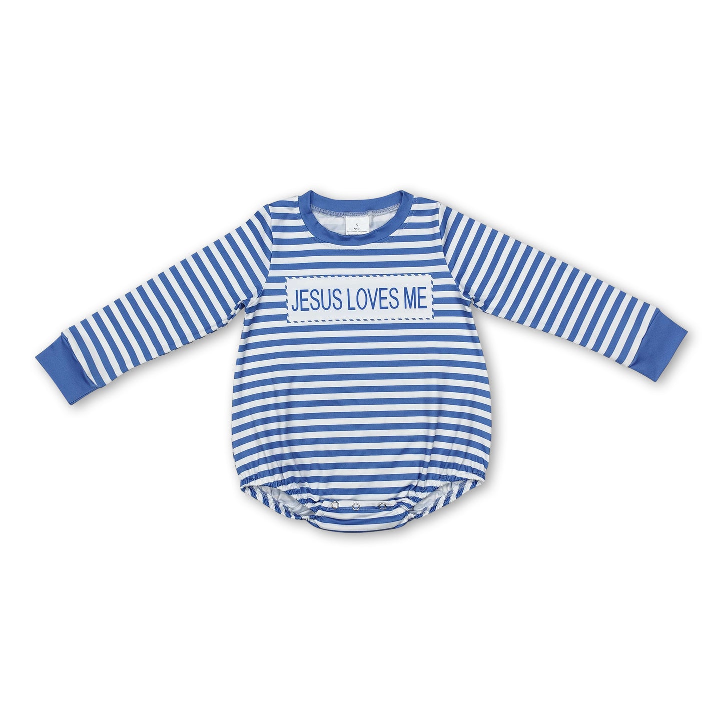 Blue stripe Jesus loves me baby boy romper