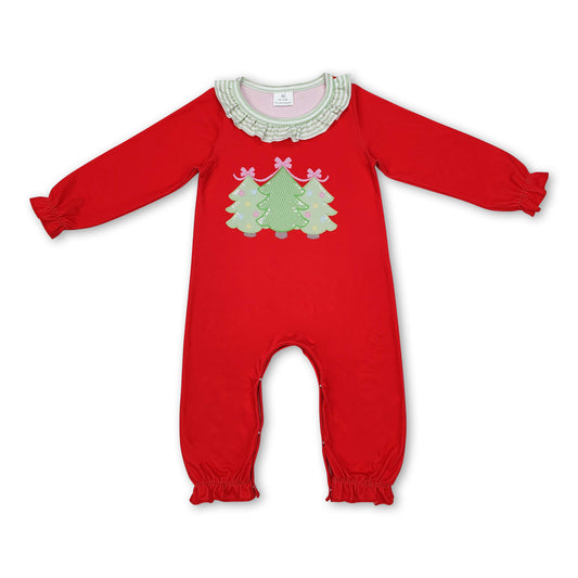 Red stripe long sleeves Christmas tree baby girls romper