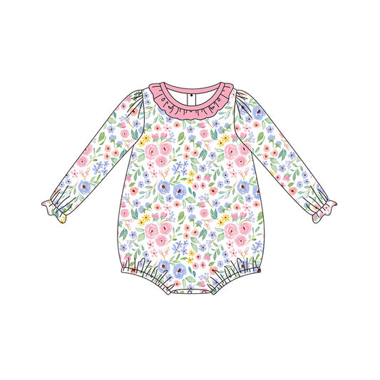 Pink ruffle long sleeves floral baby girls romper