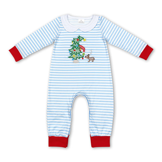 Light blue stripe Christmas tree baby boy romper