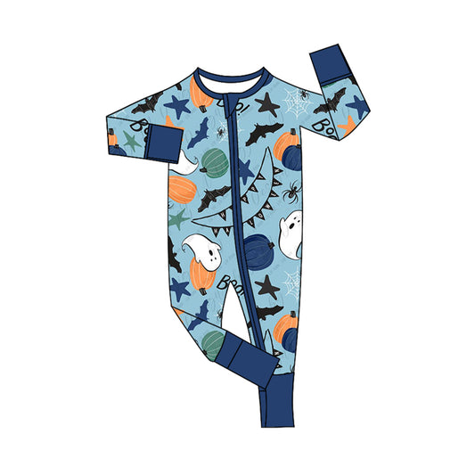 Blue boo pumpkin bat baby boys Halloween zipper romper