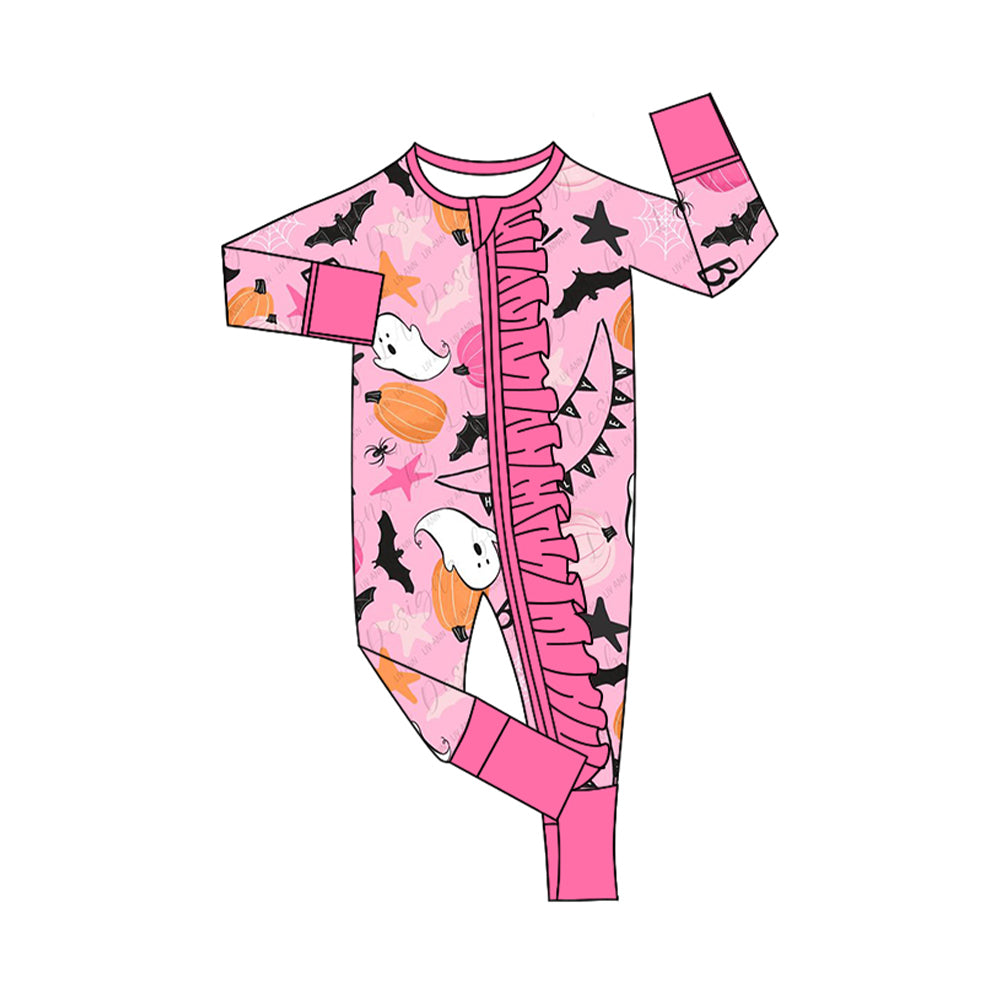 Pink pumpkin boo bat baby girls Halloween zipper romper