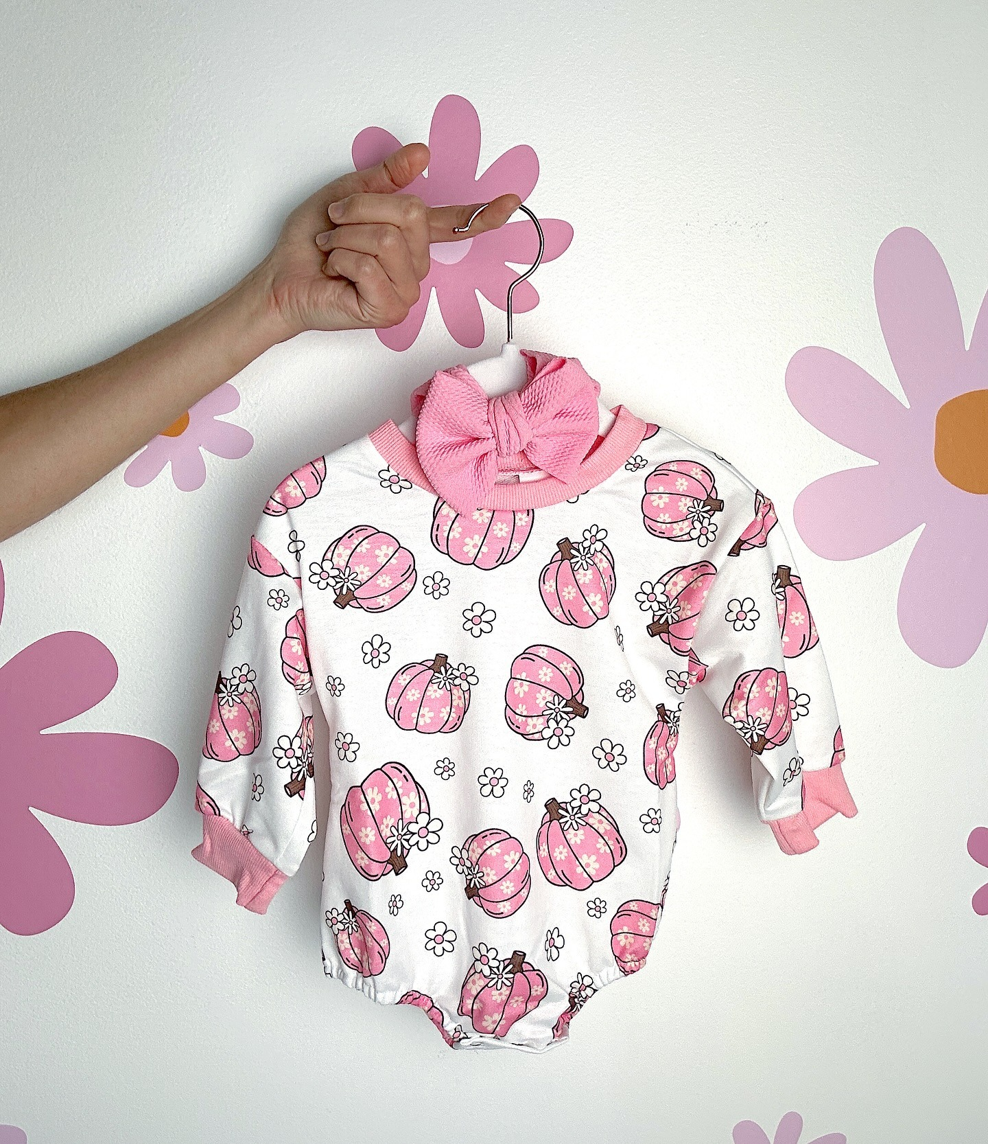 Pink floral pumpkin long sleeves baby girls romper