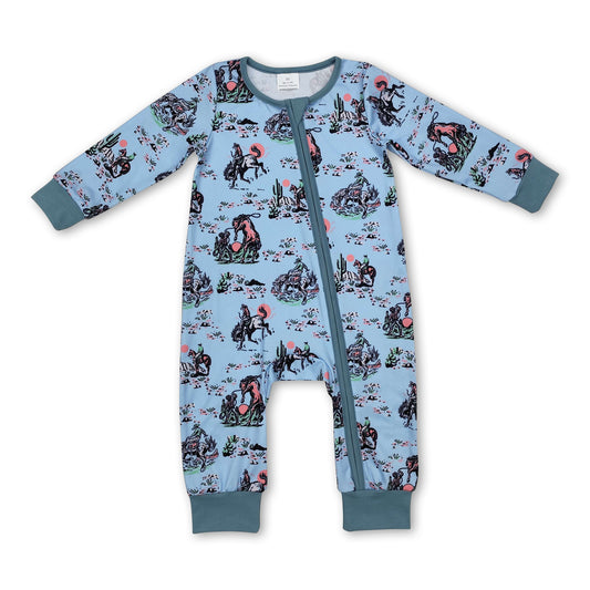 Long sleeves horse cactus baby boy western zipper romper