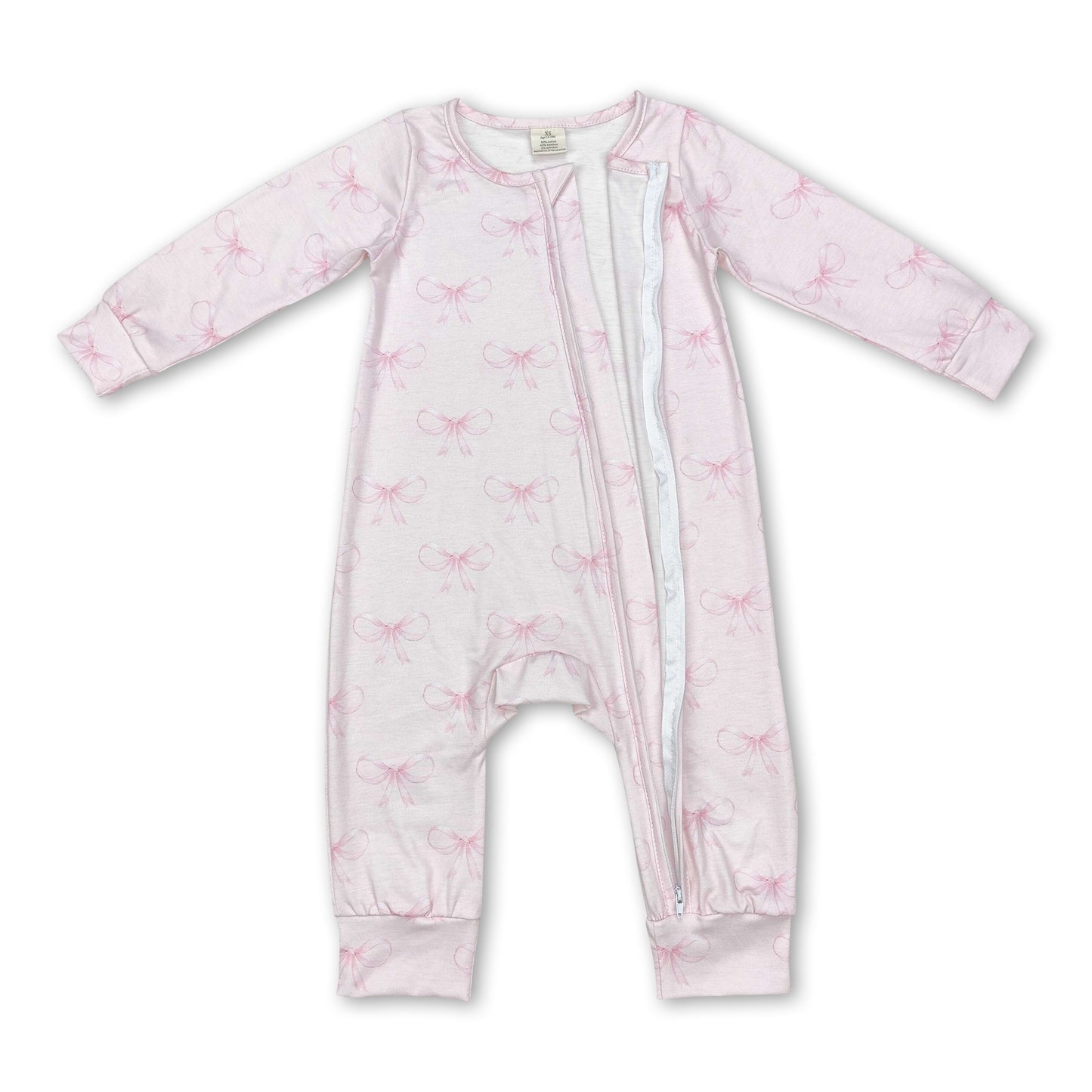 Pink bow long sleeves baby girls zipper sleeper